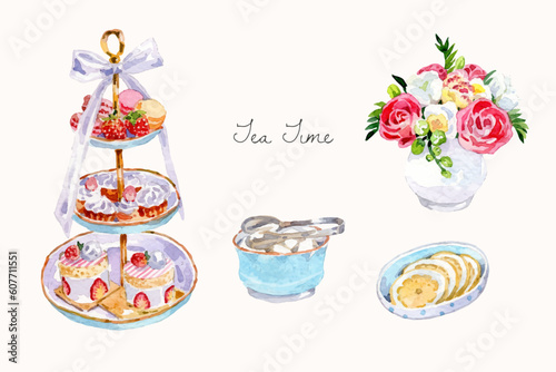 Watercolor elegant tea party elements collection