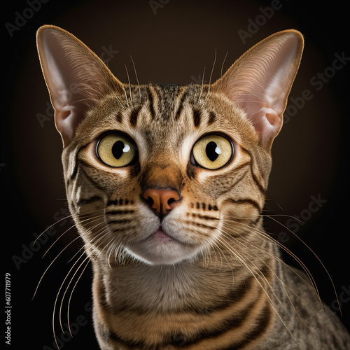 Studio shot with cute ocicat cat portrait with the curiosity and innocent look as concept of modern happy domestic pet in ravishing hyper realistic detail by Generative AI. photo