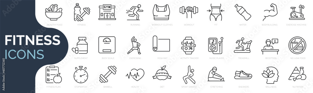 Set of line icons related to fitness, gym. Outline icon collection. Editable stroke. Vector illustration - obrazy, fototapety, plakaty 