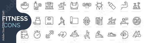 Set of line icons related to fitness, gym. Outline icon collection. Editable stroke. Vector illustration