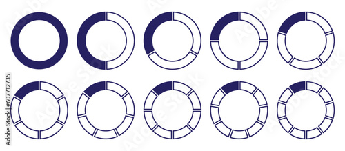 Circles divided diagram 1, 2, 3, 10, 7, 8, graph icon pie shape section chart. Segment circle round vector 5, 6, 9 divide infographic. Vector Illustration.