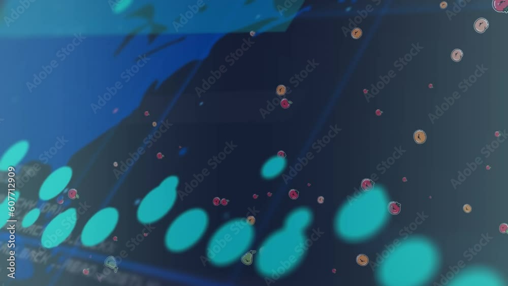 Animation of data processing and fruit emoji icons over world map ...