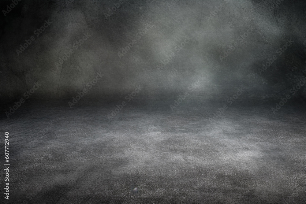 Dark room with concrete floor and smoke on it. 3d rendering with Generative AI.