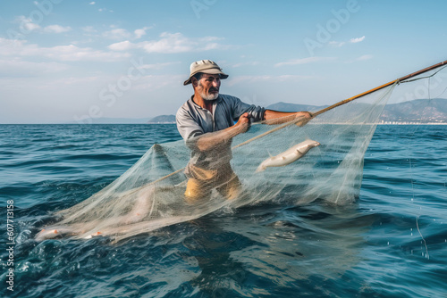 A male fisherman stands knee-deep in water and throws a fishing net into the sea, generative AI.