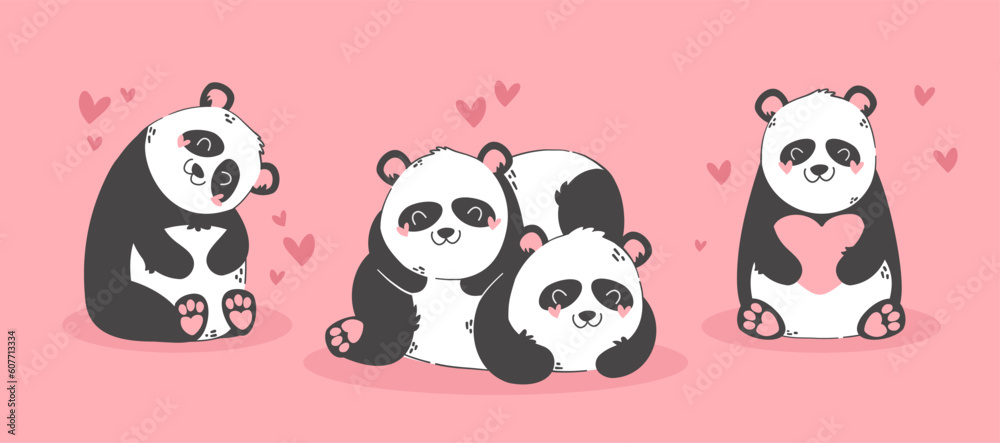 Cute funny cartoon panda couple in love. Animals character with hearts. Valentine day romantic drawing. Kids baby design. Cute funny cartoon panda couple in love. Animals character with hearts. Valentine day romantic drawing. Kids baby design.