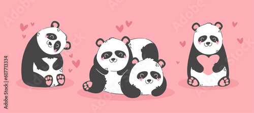 Cute funny cartoon panda couple in love. Animals character with hearts. Valentine day romantic drawing. Kids baby design.