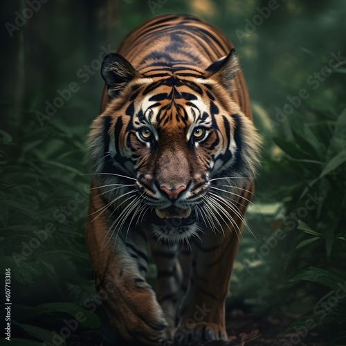 Majestic Tiger in the Wild - Creative wildlife photography capturing a calm yet fierce tiger in its natural forest habitat. Witness the raw beauty and power of this captivating creature 