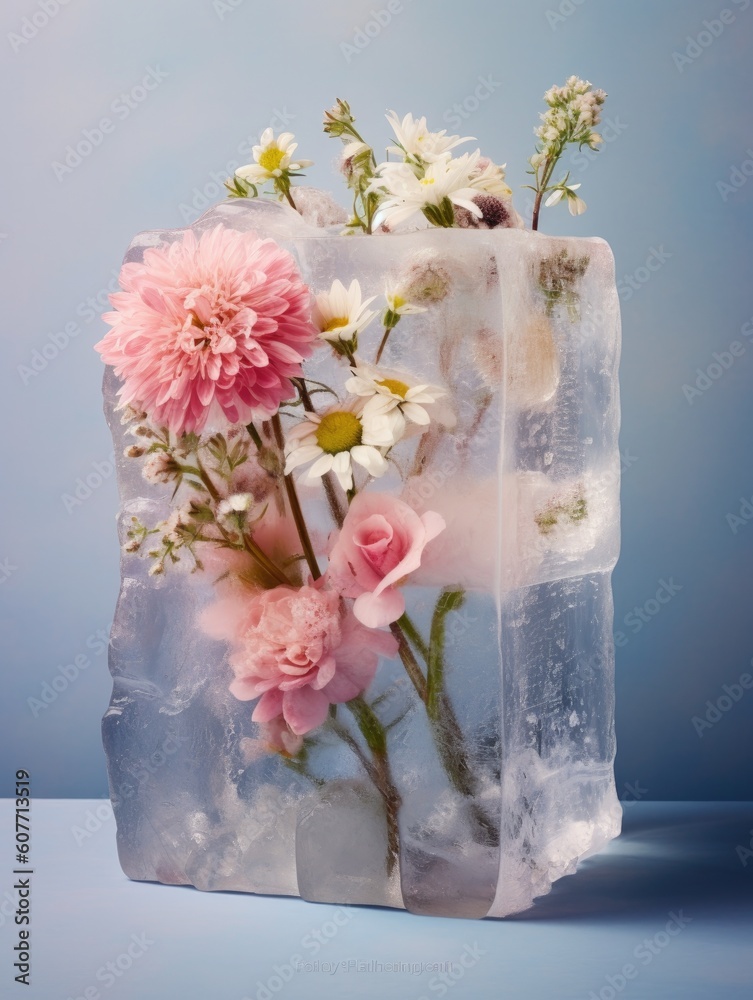 custom made wallpaper toronto digitalSpring flowers frozen in a box of ice on pastel blue background. Generated AI.
