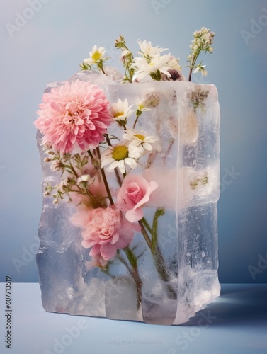 Spring flowers frozen in a box of ice on pastel blue background. Generated AI.