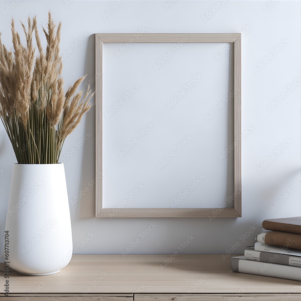 Blank wooden vertical picture frame mockup. Vase with dry reed, grass on table, desk. Cup, books. Elegant interior, home. Decorative boho still life photo. Artistic poster display. AI Generation