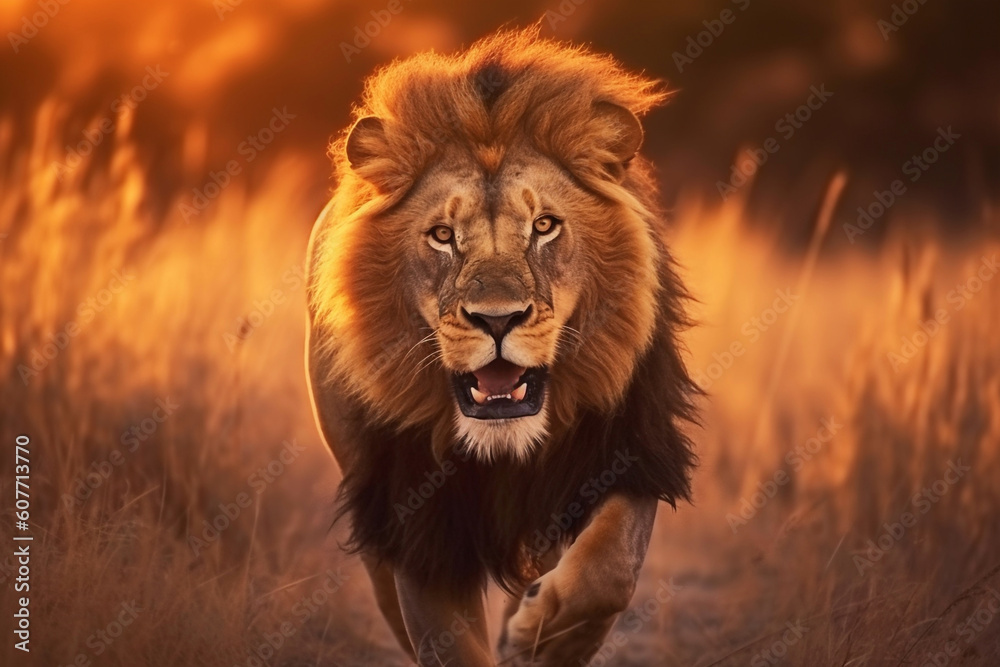 Big lion running in the savannah, generative ai