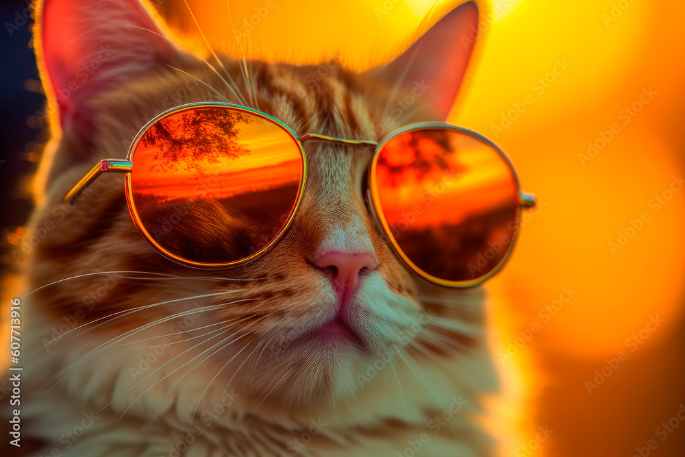 Closeup portrait of funny ginger cat wearing sunglasses.AI generated.
