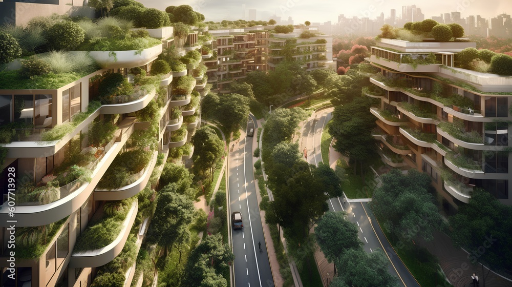 Imaginative representation of a sustainable city showcasing green roofs ...