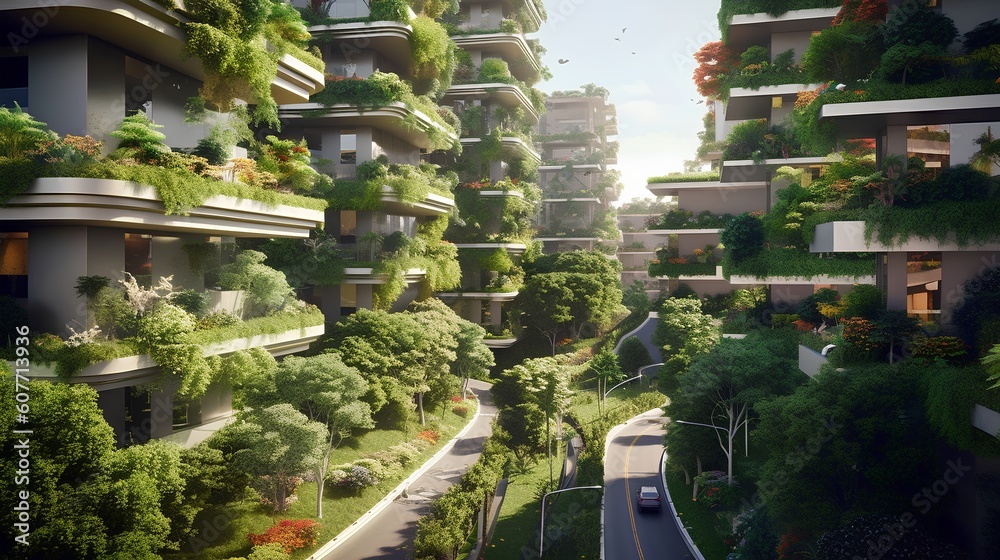 Imaginative representation of a sustainable city showcasing green roofs and vertical gardening, promoting urban greening and eco friendly architectural solutions. Generative AI