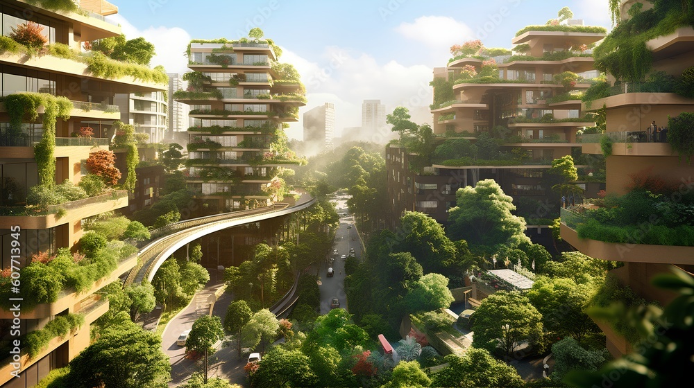View of Imaginative representation of a sustainable city showcasing green roofs ...