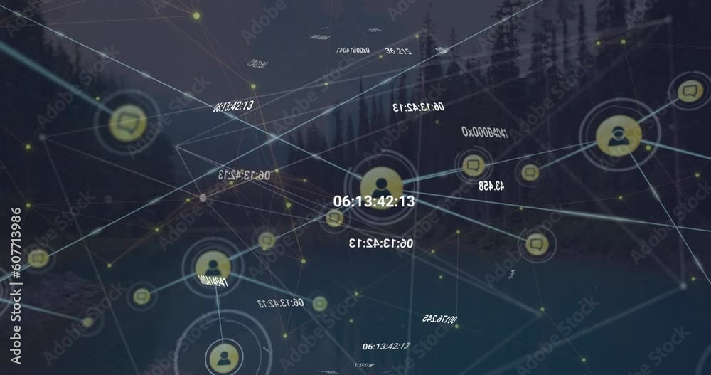 Animation of network of digital icons and data processing against landscape with trees Animation of network of digital icons and data processing against landscape with trees