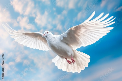 White pigeon flying in the blue sky.AI generated.