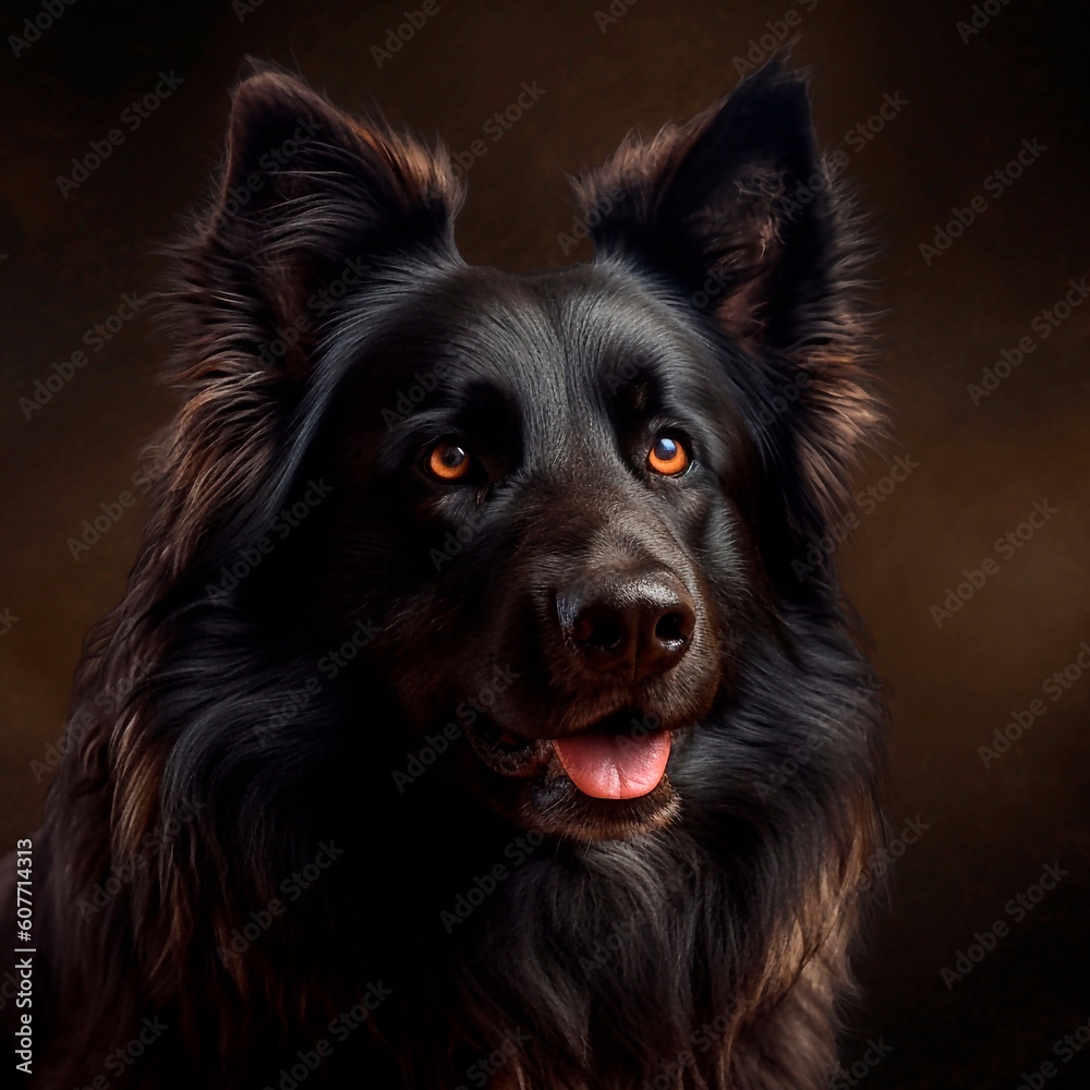 Big black dog portrait. Vector portrait of a black shepherd dog. Black dog with long hair, brown eyes, herding breed, beautiful. Pets. Dog on a black background. Portrait in the dark. Generative ai.