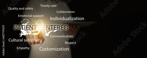 Person-Centered Care: A Physician's hand tapping on the Word Patient-Centered with an Icon of a Nurse Treating and Talking to a Patient. Collaborative Care with Healthcare Professionals.