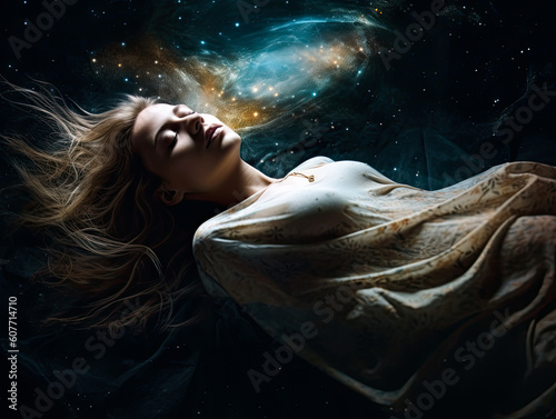 The man is flying in dreams through the cloudy night sky. The opened arms. Freedom and dreaming concept Generative AI