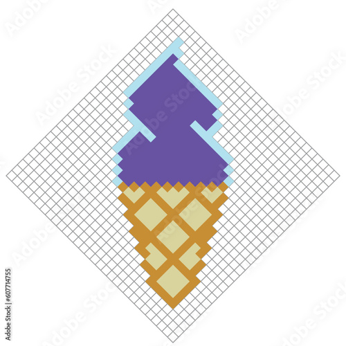 Ice cream in a waffle cone. 8 bit pixel art. Isolated vector illustration.