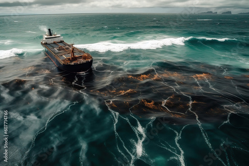 Pollution of the sea by oil spilling from a damaged tanker, generative AI.