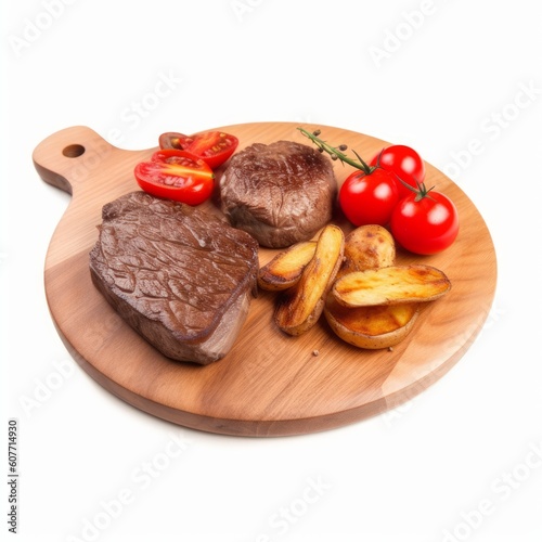 Fresh grilled barbecue beef meat rib eye steak on wood plate, Generative ai
