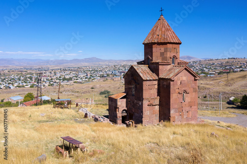 Drone view of Lmbatavank church on sunny summer day. Artik, Shirak Province, Armenia. photo