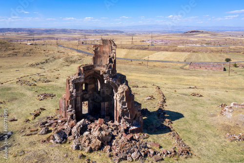 Drone view of ruins of Arakelots Monastery on sunny summer day. Pemzashen, Shirak Province, Armenia.