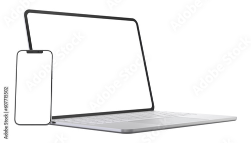A laptop with a smartphone on the left side with transparent screens. Realistic rendering.