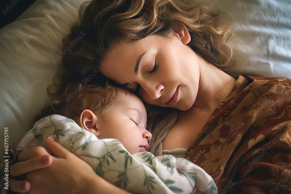 Woman slip with adorable baby wrapped in blanket. Generative AI Woman slip with adorable baby wrapped in blanket. Generative AI