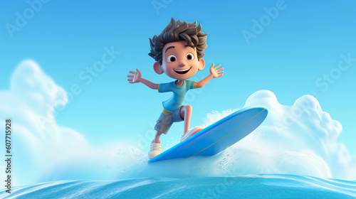 3d cartoon boy riding a surfboard. Generative AI.