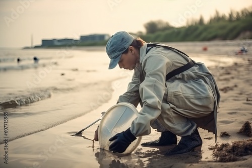 A male volunteer collects the remains of garbage on the beach, a person for a clean planet, an ecological disaster, generative AI.