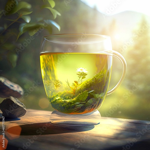 Wallpaper Mural Green tea in a transparent glass cup containing a plant, created with generative AI technology Torontodigital.ca