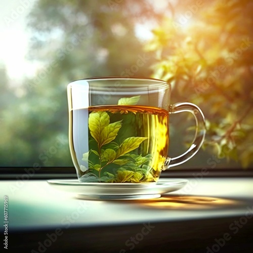 Wallpaper Mural Green tea in a transparent glass cup containing a plant, created with generative AI technology Torontodigital.ca