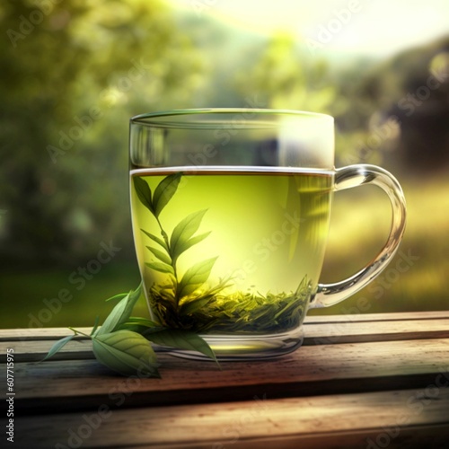Wallpaper Mural Green tea in a transparent glass cup containing a plant, created with generative AI technology Torontodigital.ca