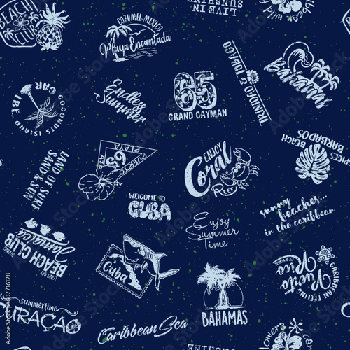Canvas Print Cute Caribbean islands graphic labels collection vector seamless pattern for sum