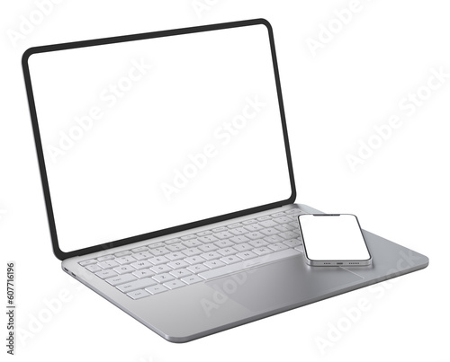A laptop with a smartphone on its keyboard with transparent screens. Realistic rendering.