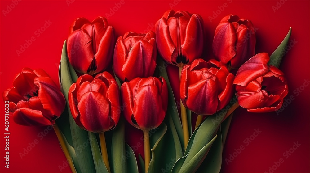 Spring red colour tulip flowers on red background. AI generated