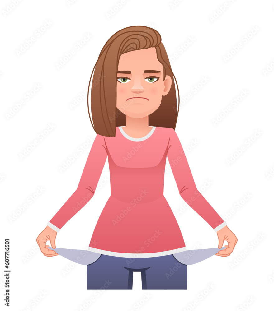 A girl with empty pockets. A woman without money. No money. A young beautiful girl with her pockets turned out. A girl with empty pockets. A woman without money. No money. A young beautiful girl with her pockets turned out.