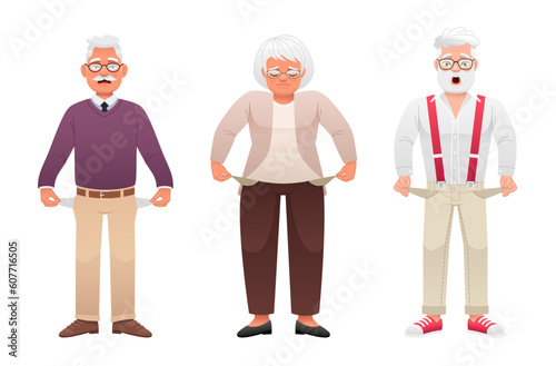 A set of elderly people with empty pockets. No money. An old gray-haired grandmother with her pockets turned out. Grandpa has no money.