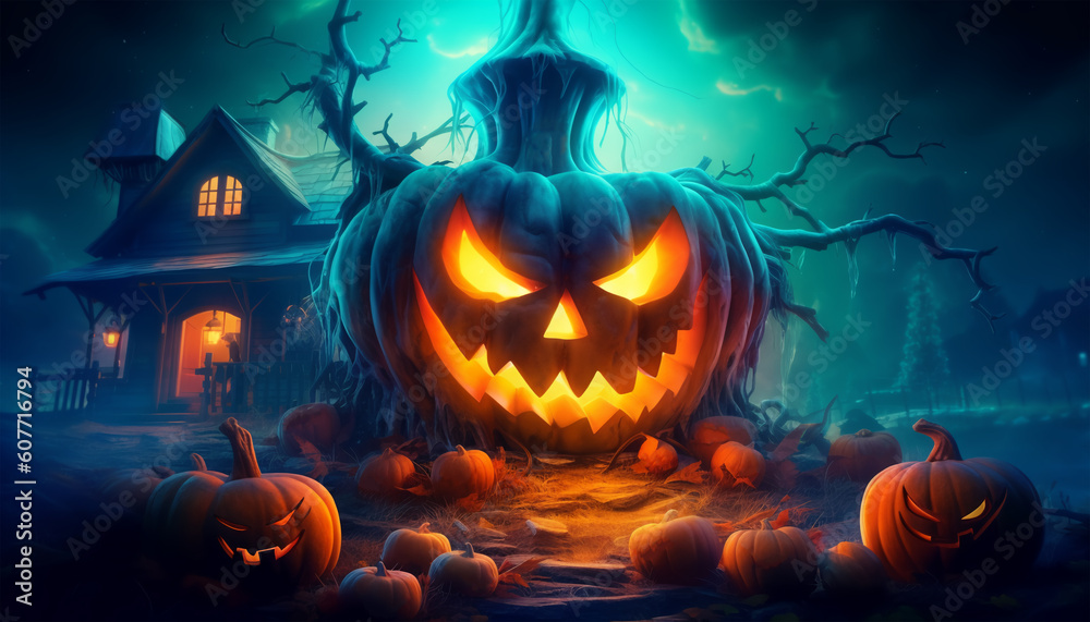 Naklejka premium halloween poster, scary pumpkin and house, with fantastic background, generative ai