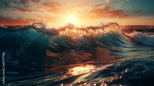 Ocean wave in the sunset. Generative Ai