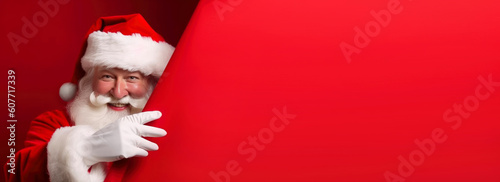 Happy Santa Clause peeking from behind a red wall. Generative ai