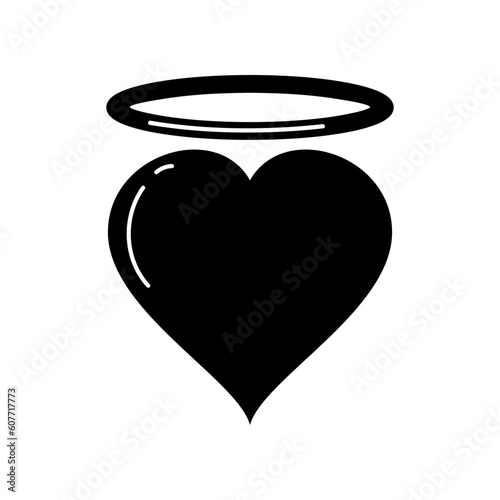 Cute black love heart with halo ring icon flat vector design
