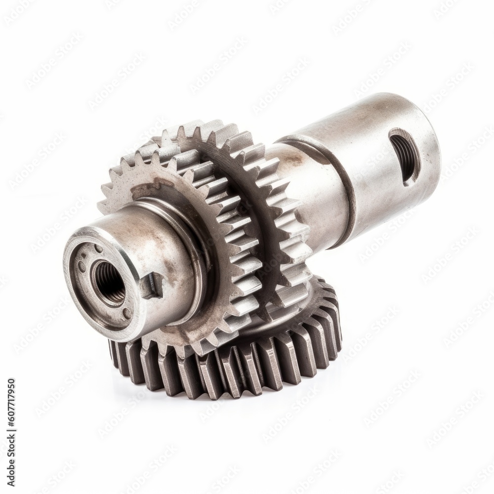Real used motor steel gear transmission parts isolated on white background. Generative ai Real used motor steel gear transmission parts isolated on white background. Generative ai
