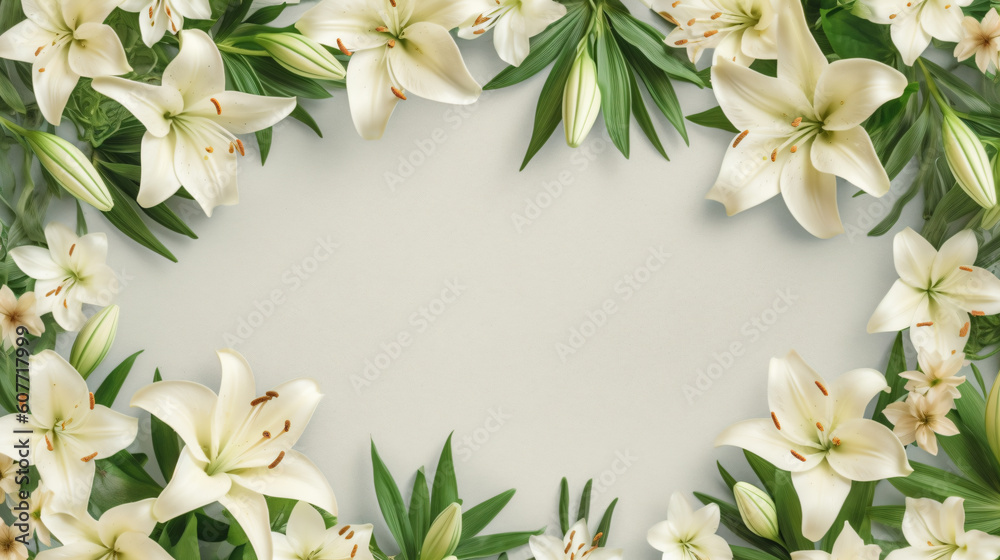 Beautiful white lily flowers on blank background. Colorful flowers for Mother's day, Women's Day, Birthday card, Easter. Generative Ai Beautiful white lily flowers on blank background. Colorful flowers for Mother's day, Women's Day, Birthday card, Easter. Generative Ai