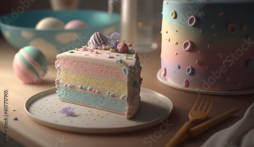 Generative AI image of a beautiful and colorful cake in pastel tones for a birthday