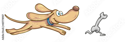 funny dog chases a bone.isolated on white