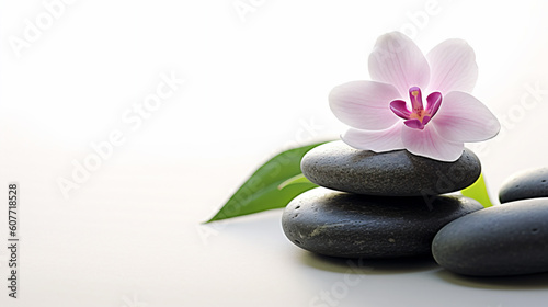 Spa stone with white flowers background. Stack of stones in calm water with lotus flower. Generative Ai